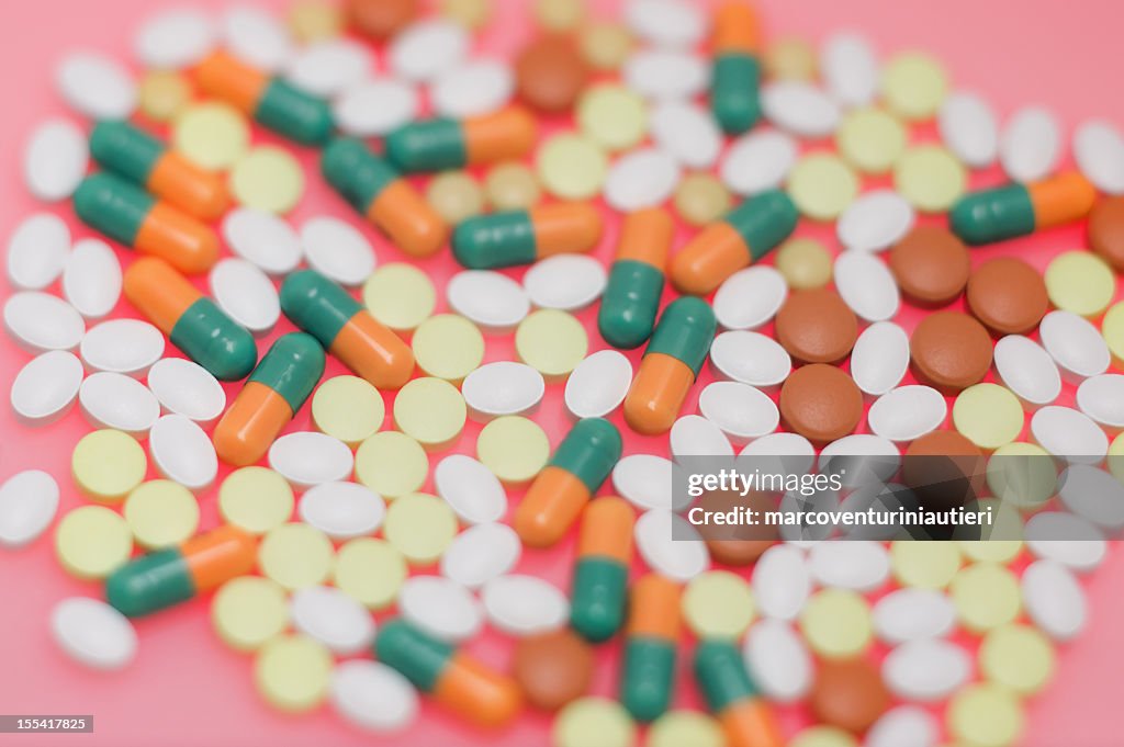 Many pills, capsules and tablets, medicinal drug abuse