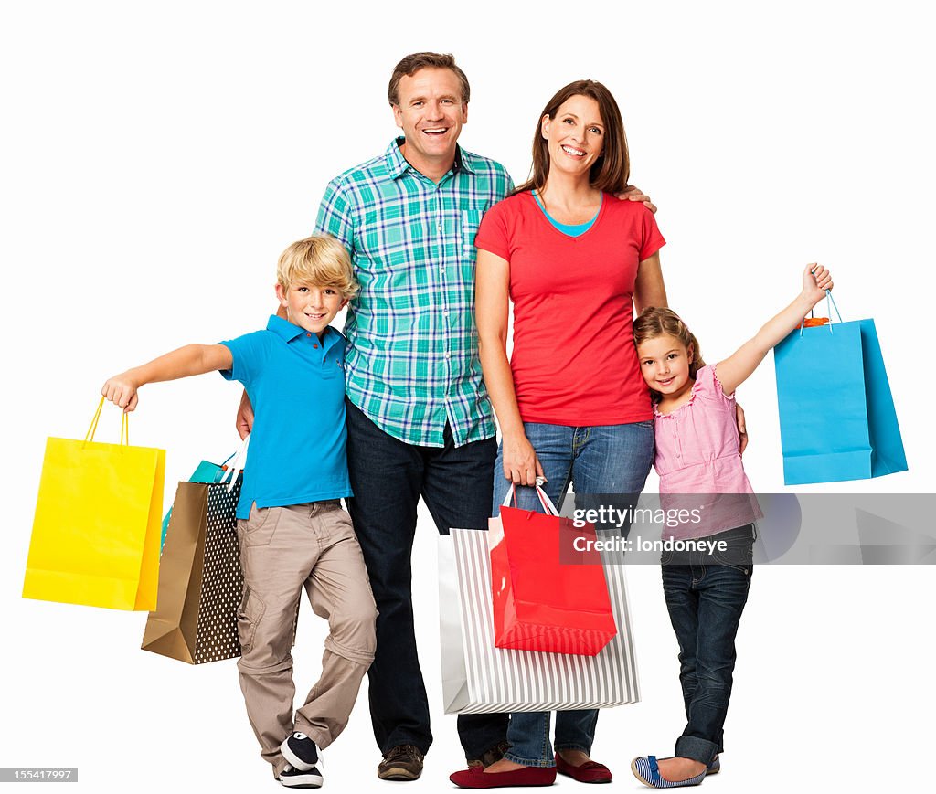 Glückliche Familie mit Einkaufstasche-isoliert