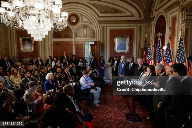 Democrats from the House and Senate reintroduced the Freedom to Vote Act in the Lyndon B. Johnson Room at the U.S. Capitol on July 18, 2023 in...