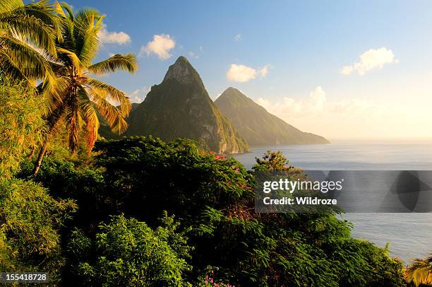st. lucia's twin pitons lit by sunset glow - saint lucia stock pictures, royalty-free photos & images