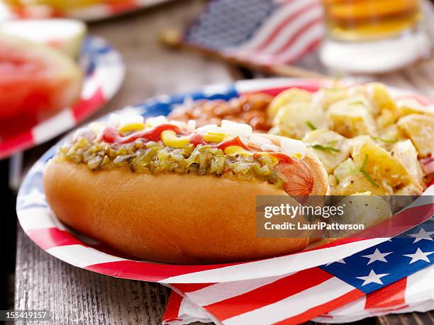 all american hotdog and a beer - relish stock pictures, royalty-free photos & images
