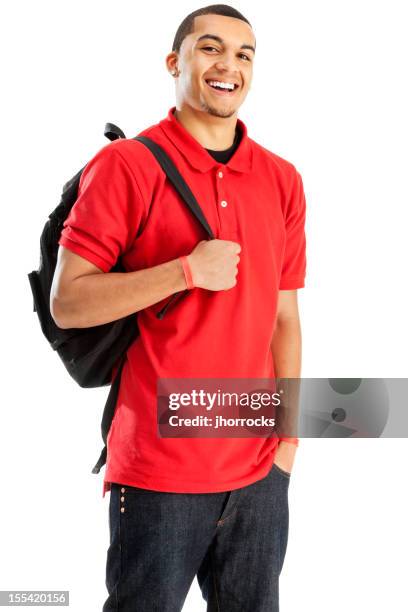 alegre estudiante con bolsa de libro - blue polo shirt fotografías e imágenes de stock