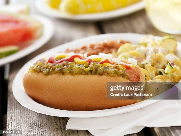 bbq hotdog with lemonade - relish stock pictures, royalty-free photos & images