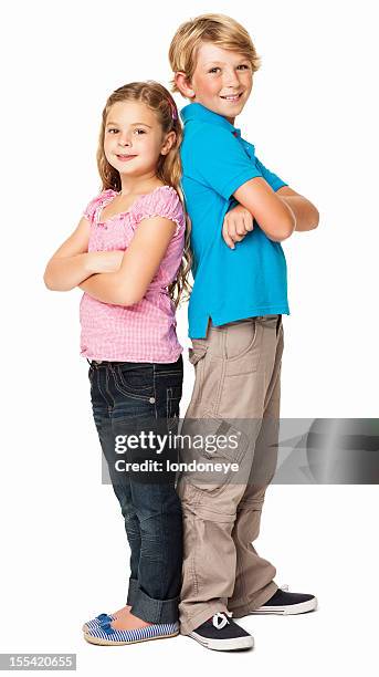 siblings standing together - isolated - kid arms crossed stock pictures, royalty-free photos & images