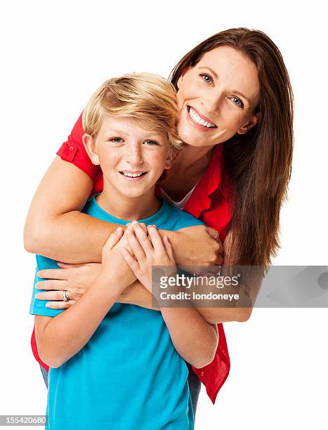 mother embracing her son from behind - isolated - mother on white background stock pictures, royalty-free photos & images