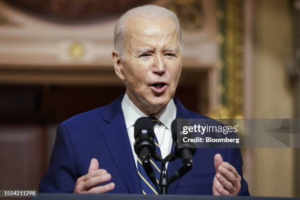 President Joe Biden speaks before signing a proclamation to establish the Emmett Till and Mamie Till-Mobley National Monument in theIndian Treaty...