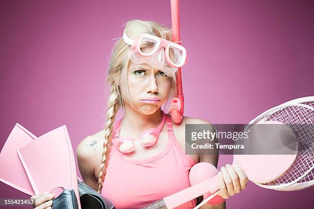 overwhelmed sports woman in pink. - funny ping pong stock pictures, royalty-free photos & images