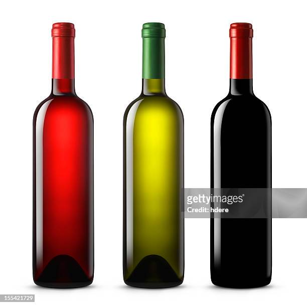 three wine bottles in various colors on a white background - wijnfles stockfoto's en -beelden