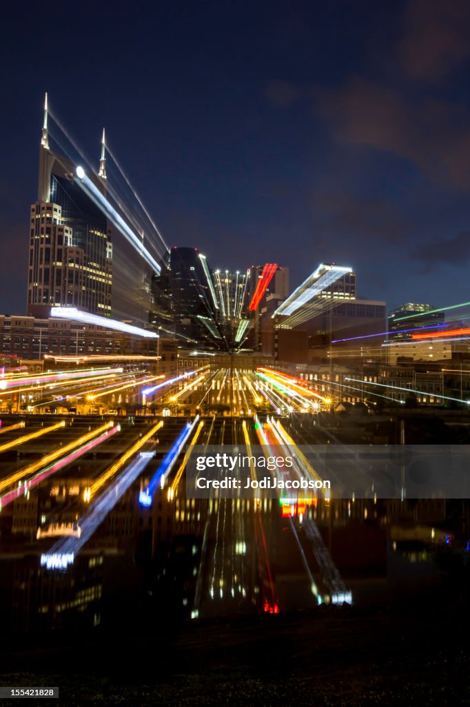 Cityscape: Nashville Tennessee skyline at night with streaks