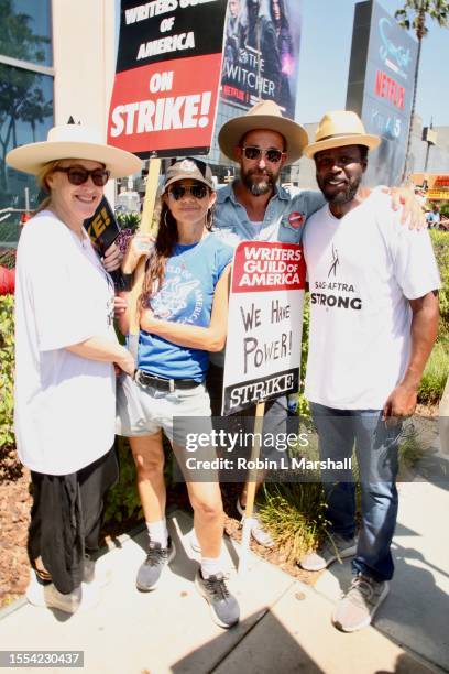 Kathleen Wilhoite, Justine Bateman, Noah Wyle and Harold Perrineau Jr. Attend the WGA Strike "Bridgerton Day" picket line on Day 6 at Netflix on July...