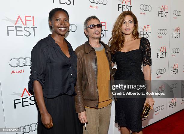 Director Jacqueline Lyanga, writer/director Leos Carax, and actress Eva Mendes arrive at the "Holy Motors" special screening during the 2012 AFI Fest...