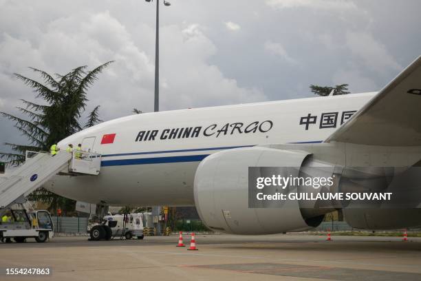 This photograph taken on July 25 shows the Chinese airplane of Air China company before the first giant panda to be born in France travels from the...