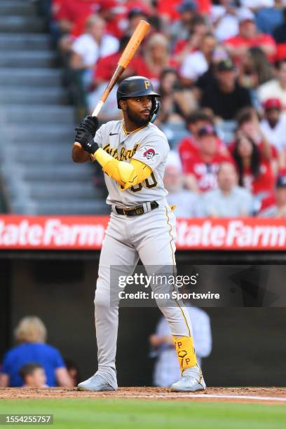 Pittsburgh Pirates shortstop Liover Peguero at bat during the MLB game between the Pittsburgh Pirates and the Los Angeles Angels of Anaheim on July...