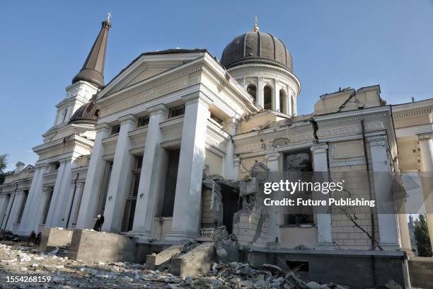 Transfiguration Cathedral, the largest church of Odesa, lies in ruins after a Russian missile hit the altar Sunday night, July 23, Odesa, southern...