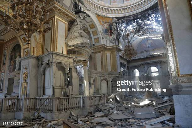 The interior of Transfiguration Cathedral, the largest church of Odesa, shows damage caused by a Russian missile that hit the altar Sunday night,...
