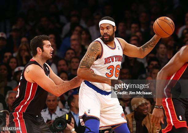 Rasheed Wallace of the New York Knicks in action against Josh Harrellson of the Miami Heat at Madison Square Garden on November 2, 2012 in New York...