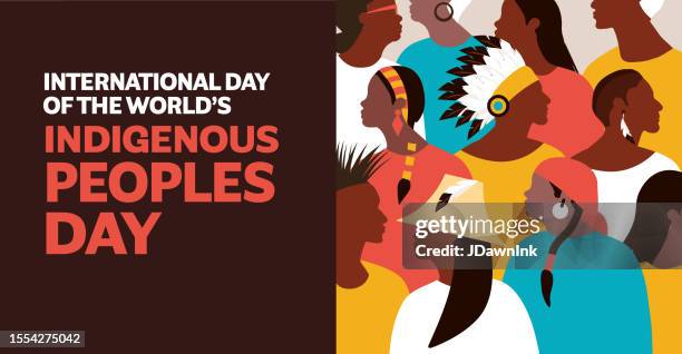 ilustrações, clipart, desenhos animados e ícones de modelo de design de banner do dia internacional dos povos indígenas do mundo com multidão de povos indígenas - africano nativo