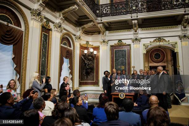 President Joe Biden, center right, after signing a proclamation to establish the Emmett Till and Mamie Till-Mobley National Monument in the Indian...