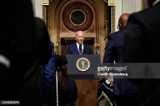 President Joe Biden speaks before signing a proclamation to establish the Emmett Till and Mamie Till-Mobley National Monument in the Indian Treaty...