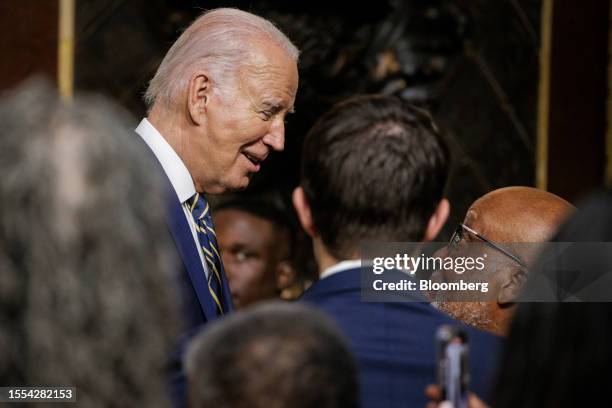 President Joe Biden, left, speaks with Representative Bennie Thompson, a Democrat from Mississippi, after signing a proclamation to establish the...