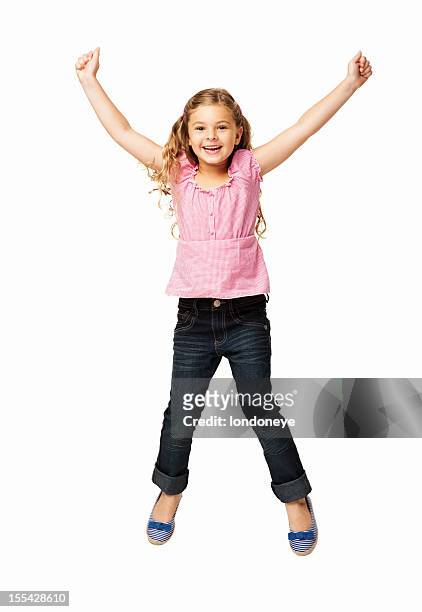 happy little girl jumping - isolated - arms raised isolated stock pictures, royalty-free photos & images