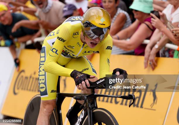 Yellow jersey of race leader Jonas Vingegaard of Denmark and Jumbo - Visma crosses the finish line of stage sixteen of the 110th Tour de France 2023,...