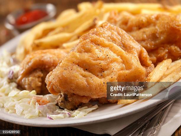 fried chicken with french fries - coleslaw stock pictures, royalty-free photos & images