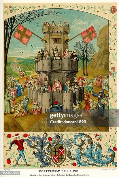 fortress of faith - medieval-illuminated-letter stock illustrations