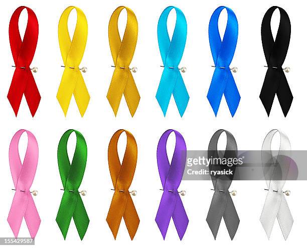 multiple awareness ribbons isolated on white with clipping path - cancer ribbon stockfoto's en -beelden