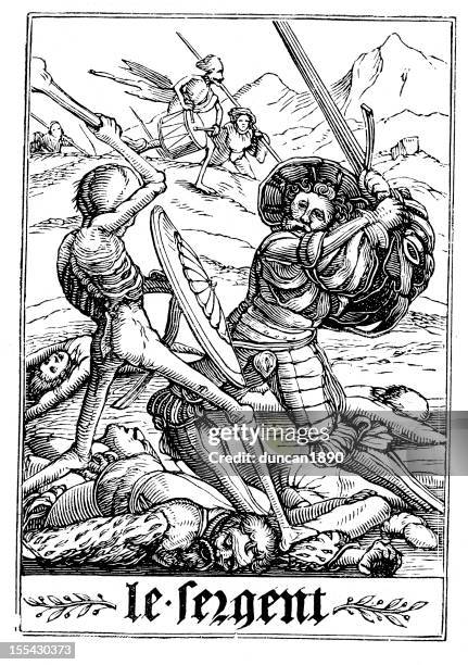 stockillustraties, clipart, cartoons en iconen met the dance of death - soldier - hans holbein