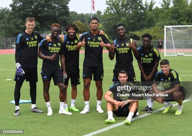 Karl Hein, Flo Balogun, Mo Elneny, William Saliba, Eddie Nketiah, Jakub Kiwior, Amario Cozier-Duberry and Kai Havertz of Arsenal during a training...