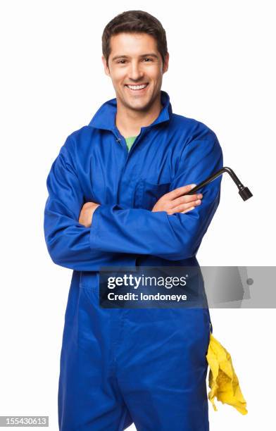 automotive technician standing with arms crossed - isolated - bib overalls 個照片及圖片檔