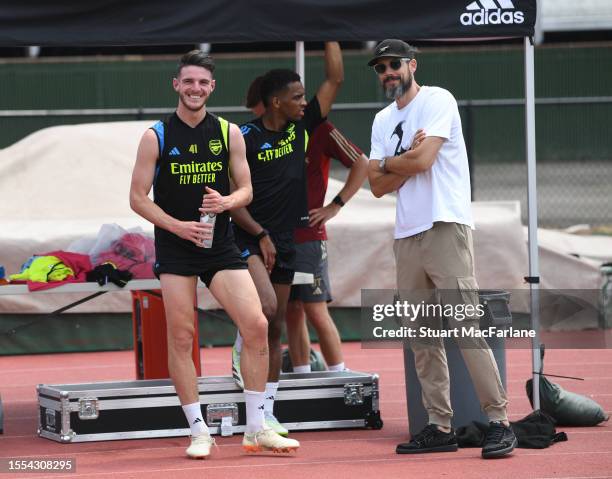 Arsenal Director Josh Kroenke with new signings Declan Rice and Jurrien Timber during a training session at the George Mason University on July 18,...