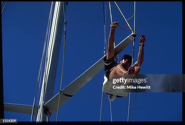 A CREW MEMBER FROM ONE OF THE BOATS IN THE WHITBREAD ROUND THE WORLD YACHT RACE CARRIES OUT MAINTENANCE HIGH UP THE MAIN SAIL DURING THE REST OVER IN...