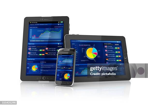 multiplatform business-aktien mobile app - tablet 3d stock-fotos und bilder