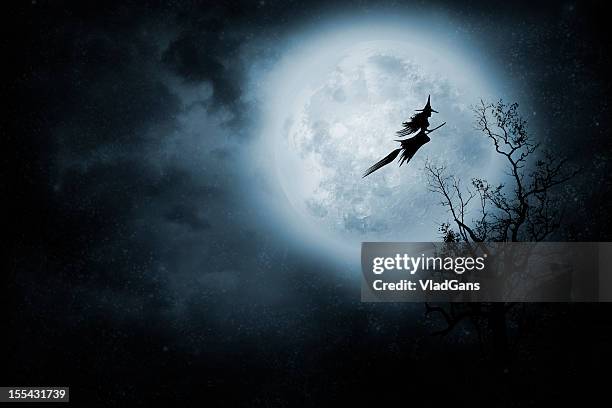 witch riding a broom - heks stockfoto's en -beelden