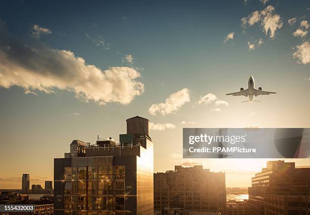 new york skyline with airplane - taking off glasses stock pictures, royalty-free photos & images