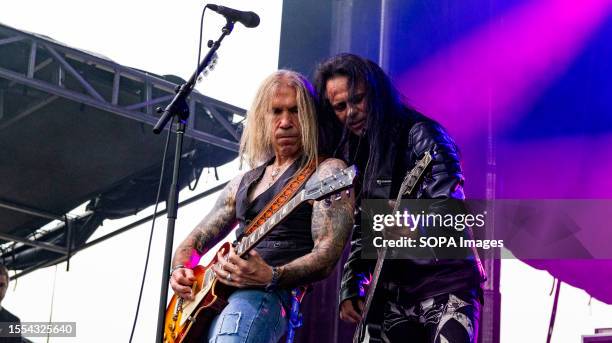 Electric Guitarist Jack Frost and Bass Guitarist Dario Seixas perform with Aldo Nova on Northlights Stage on day 3 of K-Days in Edmonton of it's 10...