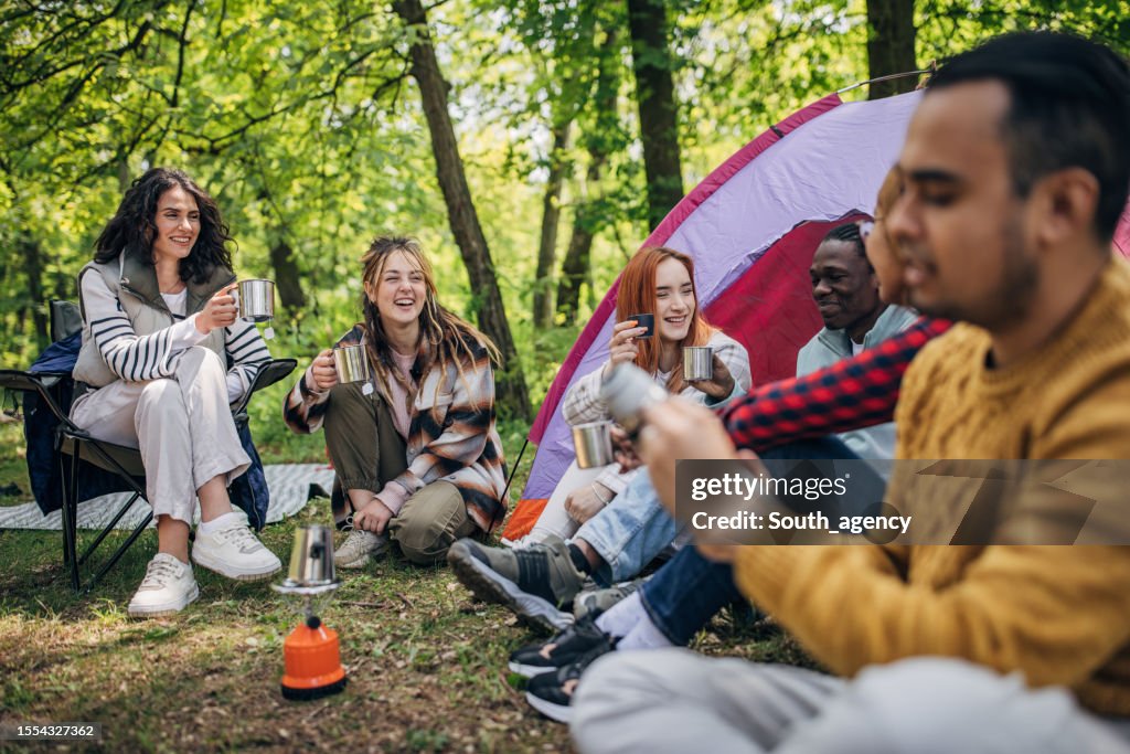 Friends camping in nature