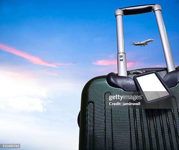 luggage and airplane on beautiful sky travel concept - bagagelapp bildbanksfoton och bilder