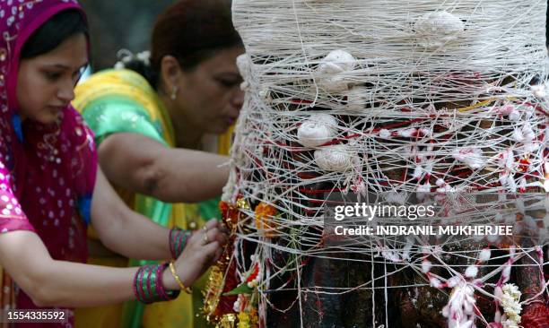 Married Indian Hindu women tie threads around a banyan tree as a ritual on the occasion of 'Vata Poornima' in Mumbai on June 18, 2008. On the...