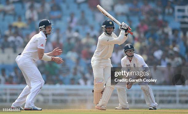 Cheteshwar Pujara of Mumbai A bats during day two of the tour match between Mumbai A and England at The Dr D.Y. Palit Sports Stadium on November 4,...