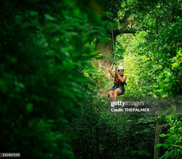 frau während einer baldachin-tour in costa rica - zip line stock-fotos und bilder