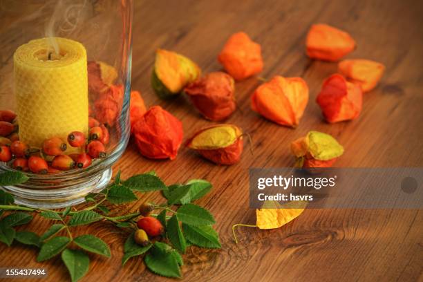 smoke of beeswax candle in glass with rose hips - wax fruit stock pictures, royalty-free photos & images