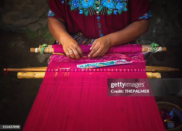mayan woman weaving on loom - loom stock pictures, royalty-free photos & images