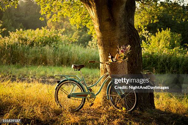 retro fahrrad mit rotwein in picknick-korb xxxl - bike flowers stock-fotos und bilder