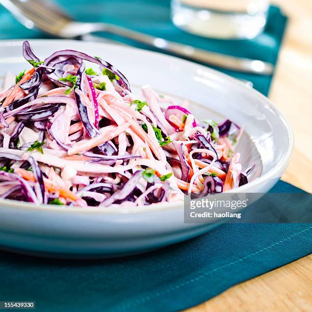 a colorful plate of coleslaw salad - coleslaw stock pictures, royalty-free photos & images
