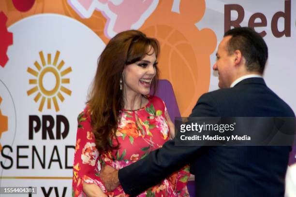 Carmen Campuzano and José Joel speak during the 'Mexicanos Triunfadores' ceremony award at Senado de La Republica on July 18, 2023 in Mexico City,...