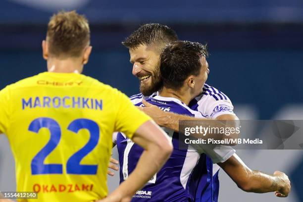 Bruno Petkovic and Dario Spikic of GNK Dinamo Zagreb celebrate during the UEFA Champions League Second qualifying round first leg match between GNK...