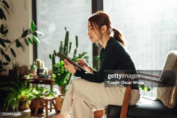 young asian woman using digital tablet at a cozy living room - cozy stock pictures, royalty-free photos & images